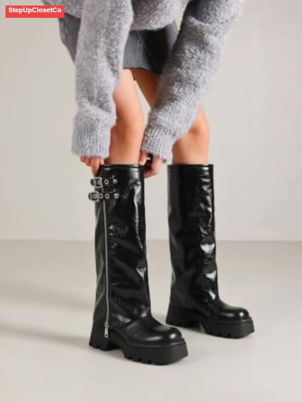 Women's Knee High Moto Riding Boots Foldover Block Heel Platform Faux Leather - Picture 3 of 6